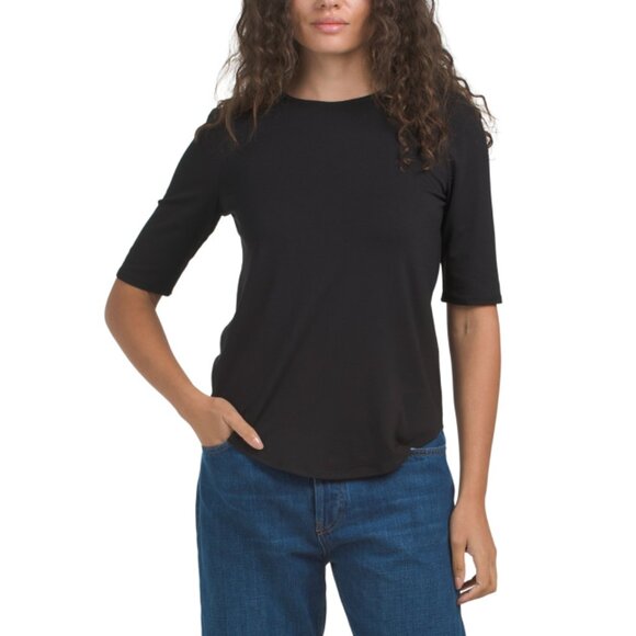 CUPIO Jet Black Elbow Sleeve Crew Neck Shirt Tail Hem Top - Picture 1 of 2